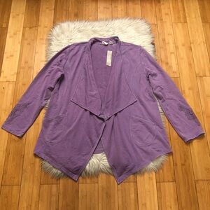 Chico’s Embroidered Appliqué Purple Lavender Open Front Cardigan Jacket 3 NWT